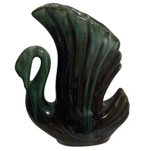 Blue Mountain Pottery Vase Swan Wing Feather Shaped Ceramic Green Drip Glaze 6"